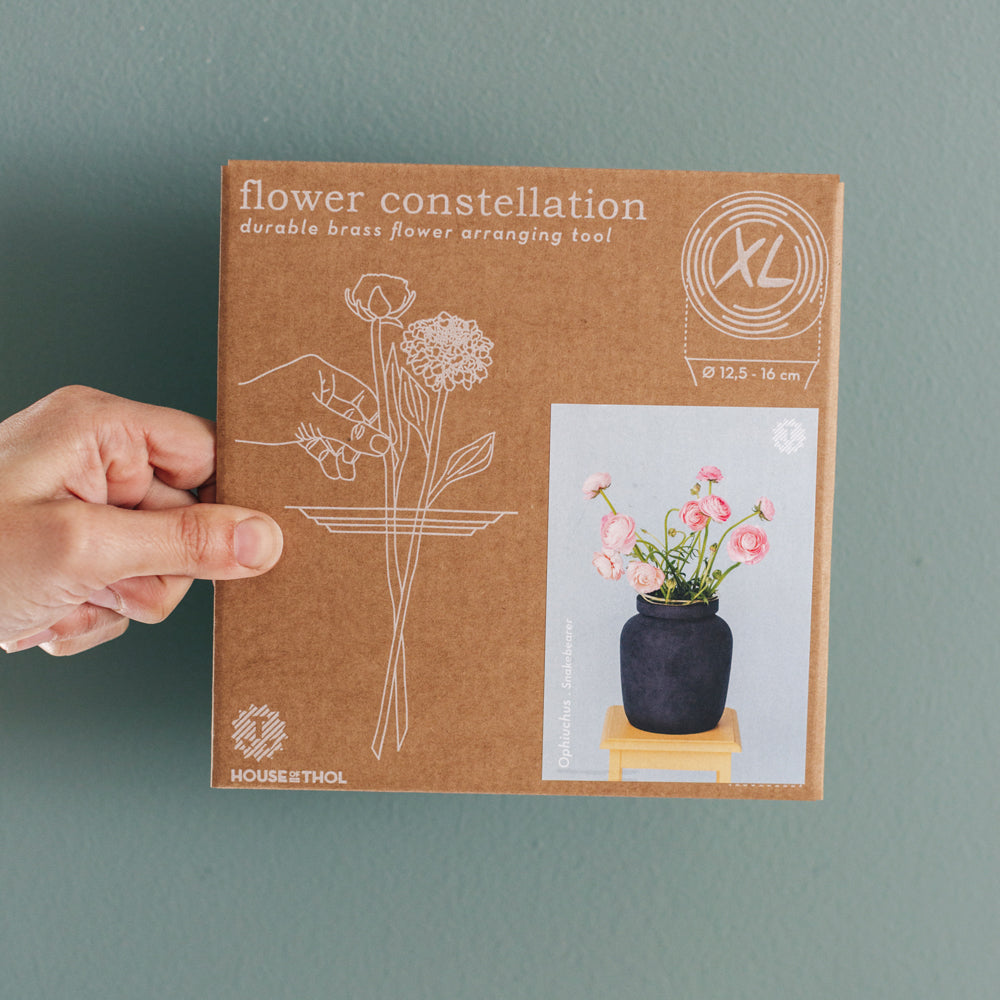 Packaging Flower Constellation XL held in hand - flower tools for effortless arrangements with fewer flowers - design by House of Thol / Photograph by Masha Bakker photography